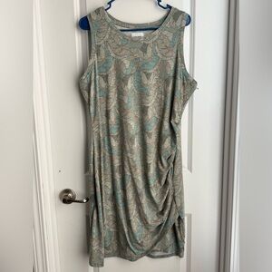 Nine West Green Sleeveless Side Ruched Leaf Print Dress, Sz XL
